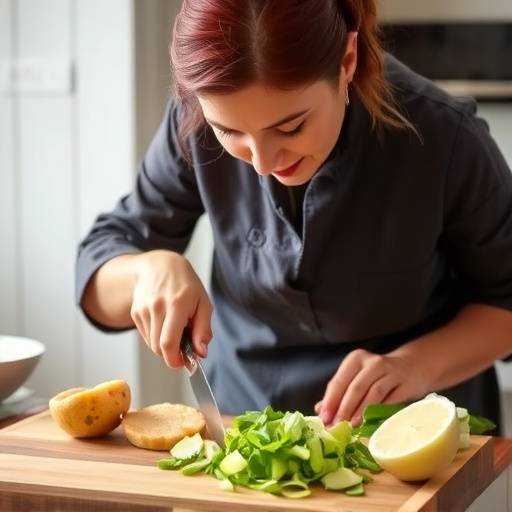 Emilia, chef esperta, dimostra una tecnica di taglio precisa in cucina.