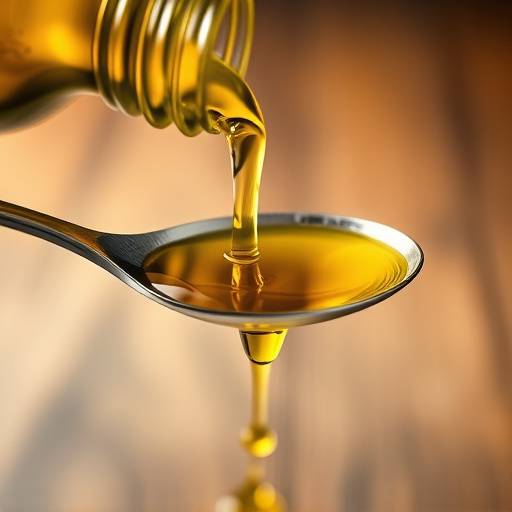 Fotografia di una bottiglia di olio extra vergine d'oliva di alta qualit&agrave; versato in un cucchiaio