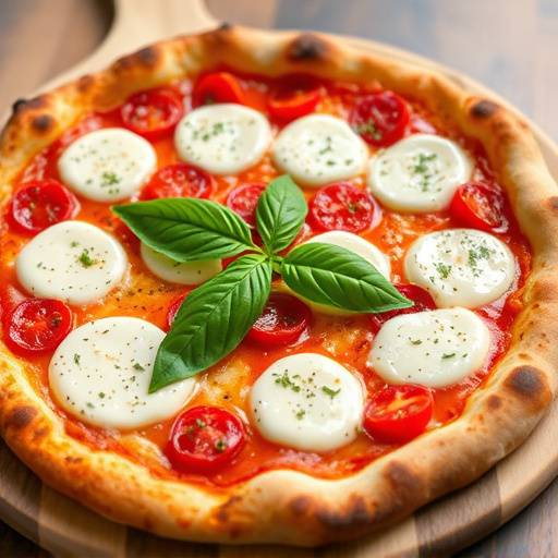 Fotografia di una pizza margherita appena sfornata con mozzarella fresca e basilico