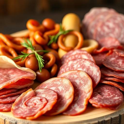 Fotografia di una selezione di salumi italiani, tra cui prosciutto crudo, salame e mortadella