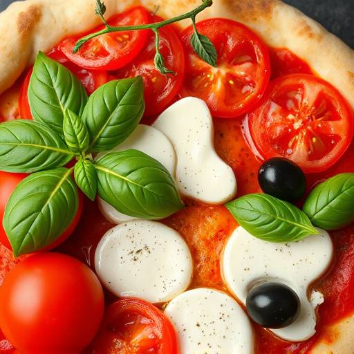 Ingredienti freschi per la pizza italiana, inclusi pomodori, mozzarella, basilico e olive, disposti artisticamente su un piano di lavoro.