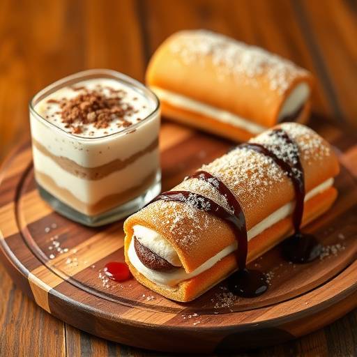 Un assortimento di dolci italiani tradizionali, come il tiramis&ugrave; e i cannoli, esposti su un vassoio di legno in una pasticceria romana.