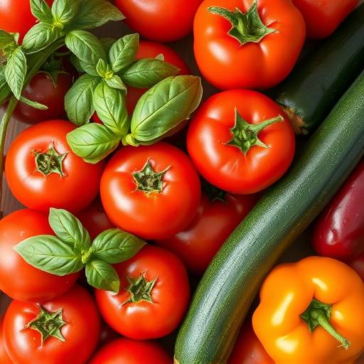 Un cesto di ingredienti freschi di stagione, tra cui pomodori, basilico, zucchine e peperoni, pronti per essere utilizzati nella preparazione di una ricetta.