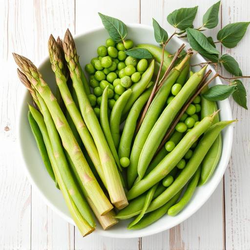 Un cesto di verdure fresche di primavera, come asparagi, piselli e fave.