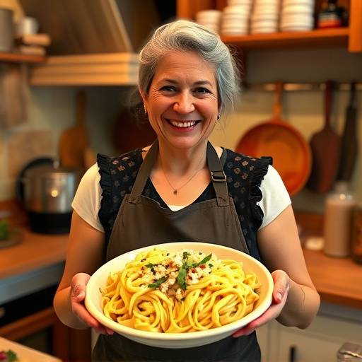Un chef sorridente, Emilia, che tiene in mano un piatto di pasta fatta in casa nella sua cucina accogliente a Roma.