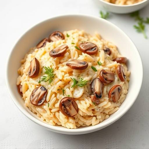Un cremoso risotto ai funghi porcini servito in un piatto bianco