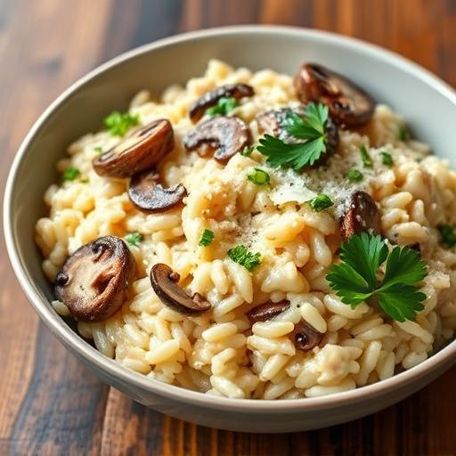 Un piatto di risotto ai funghi porcini cremoso e profumato, con un tocco di prezzemolo fresco tritato e parmigiano reggiano grattugiato.