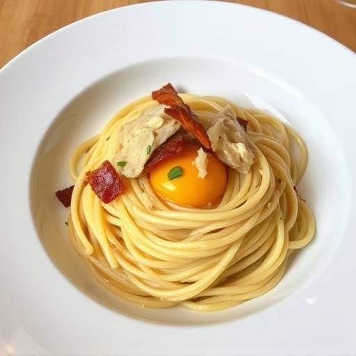 Un piatto fumante di spaghetti alla carbonara con guanciale croccante e tuorlo d'uovo fresco