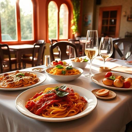 Un tavolo imbandito con piatti tipici italiani, tra cui pasta, pizza e antipasti, illuminato dalla luce naturale che entra dalla finestra.