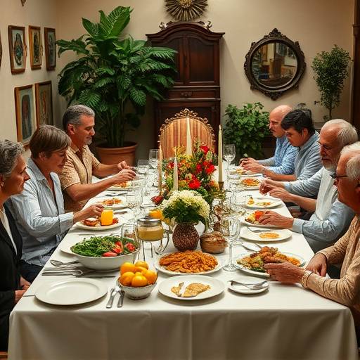 Una famiglia italiana riunita intorno a un tavolo imbandito per il pranzo della domenica.