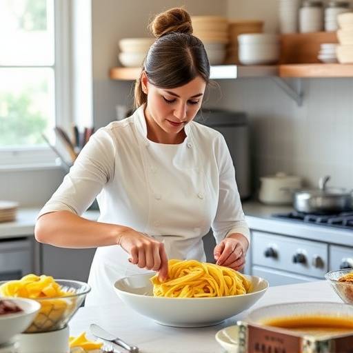 Una fotografia di Emilia Martini, chef e fondatrice de La Cucina di Emilia, mentre prepara la pasta fresca in una cucina luminosa e accogliente.