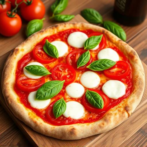 Una pizza margherita appena sfornata con pomodori San Marzano rossi e maturi, mozzarella di bufala filante e basilico fresco.