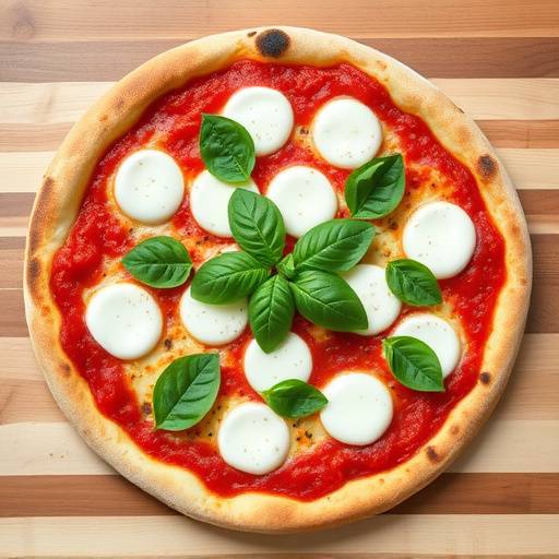 Una pizza margherita appena sfornata con basilico fresco e mozzarella filante