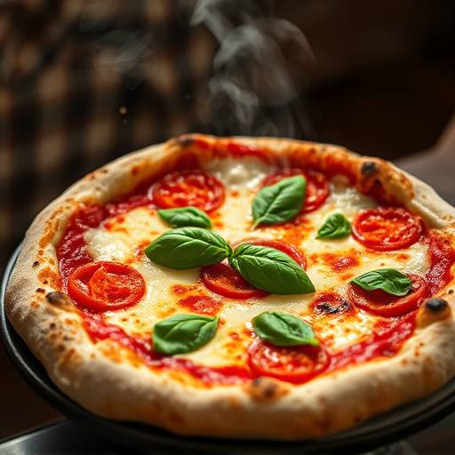 Una pizza napoletana fumante, appena sfornata, con basilico fresco.
