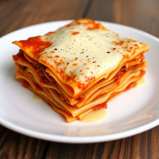 Una porzione di lasagna alla bolognese fumante, con strati di pasta, rag&ugrave; e besciamella