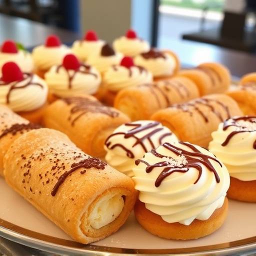 Una vetrina piena di dolci italiani, come tiramis&ugrave;, cannoli e pasticcini.