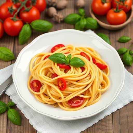 Una vista ravvicinata di un piatto di pasta fresca, appena preparato, con basilico e pomodoro, su un tavolo di legno rustico.